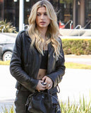 Hailey Baldwin Bieber's Leather Jackets Black Biker Jacket for Women - front view