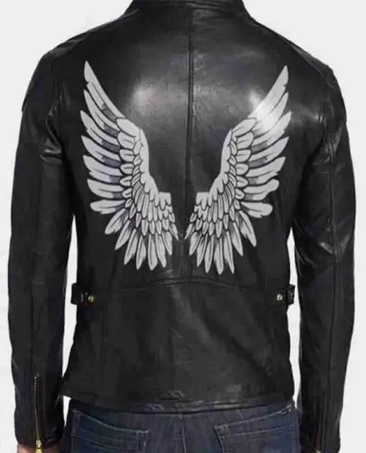 Halloween Black Wings Printed Black Leather Jacket for Men - front view
