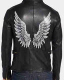 Halloween Black Wings Printed Black Leather Jacket for Men - front view