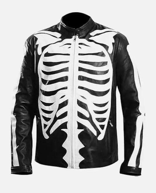 Halloween Special Spooky Skeleton Bones Cosplay Black Leather Jacket - front view