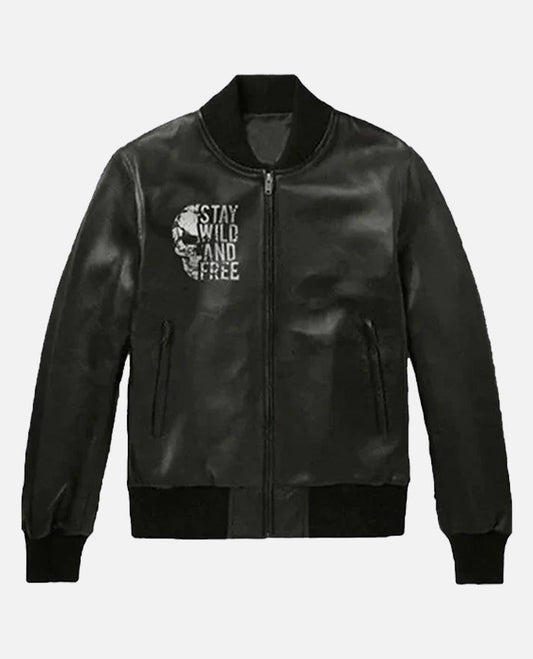 Halloween Special Stay Wild and Free Black Bomber Leather Jacket - front view