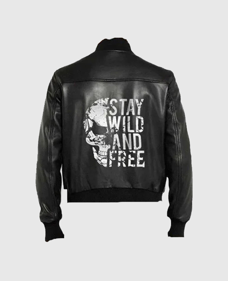 Halloween Special Stay Wild and Free Black Bomber Leather Jacket - back view