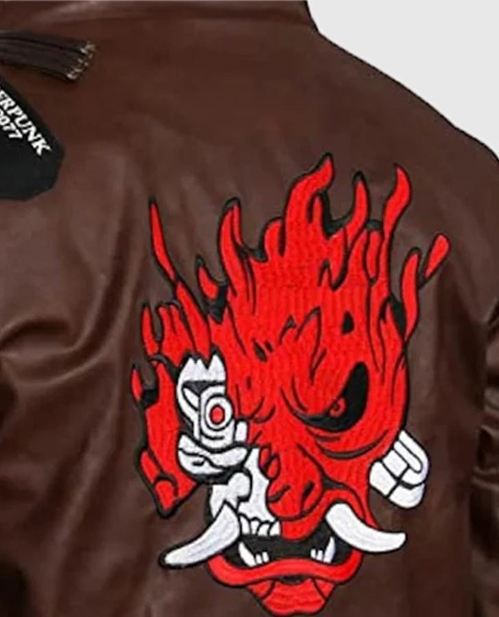 Cyberpunk-2077 Brown Bomber Samurai Leather Jacket for Men - inner lining view