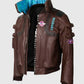 Cyberpunk-2077 Brown Bomber Samurai Leather Jacket for Men - collar and zip close-up
