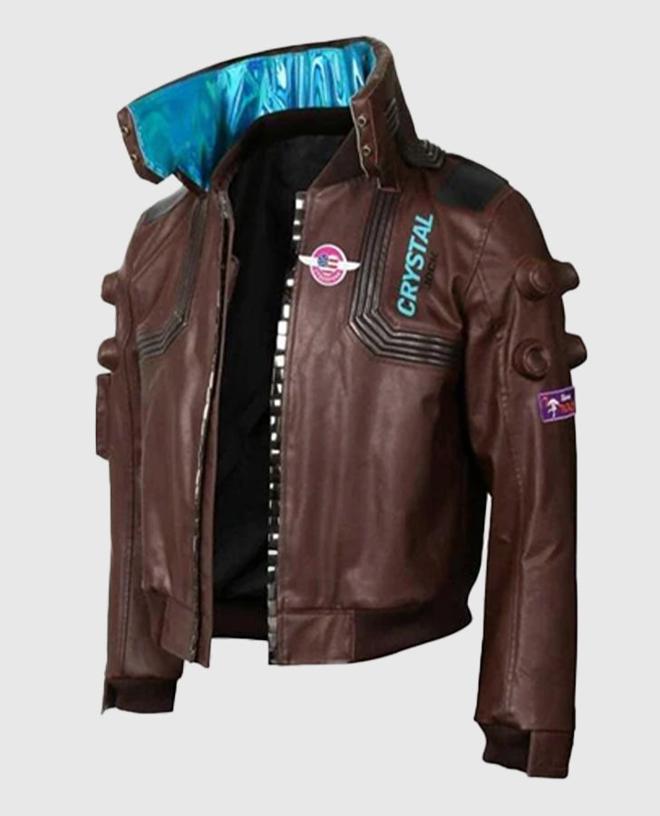 Cyberpunk-2077 Brown Bomber Samurai Leather Jacket for Men - collar and zip close-up
