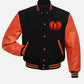 Happy Halloween Orange Varsity Leather Jacket for Women - front view