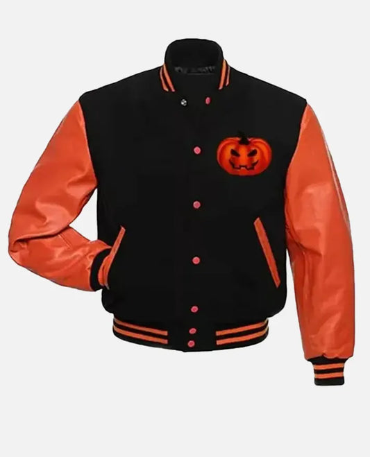 Happy Halloween Orange Varsity Leather Jacket for Women - front view