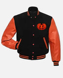 Happy Halloween Orange Varsity Leather Jacket for Women - front view