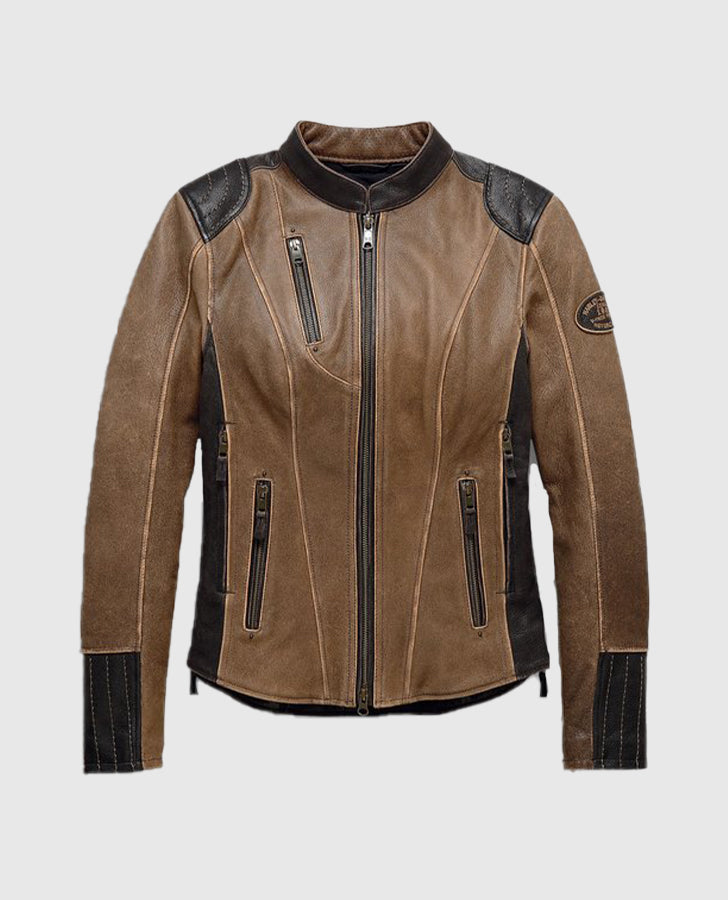 Women's H-D Triple Vent System Gallun Leather Riding Brown Jacket - back view
