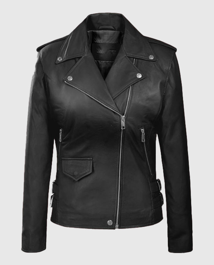 Hilary Duff Younger Black Leather Biker Jacket for Women - back view
