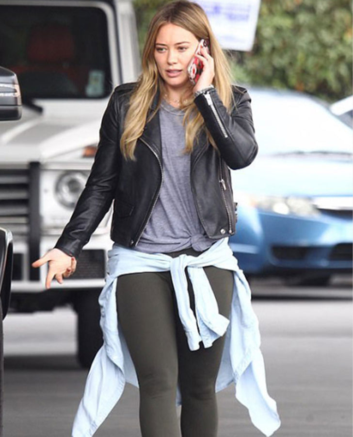 Hilary Duff Younger Black Leather Biker Jacket for Women - front view