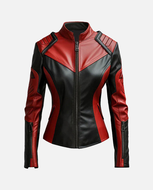 Italian Women's Vegan Red & Black Leather Jacket | Genuine Leather - front view