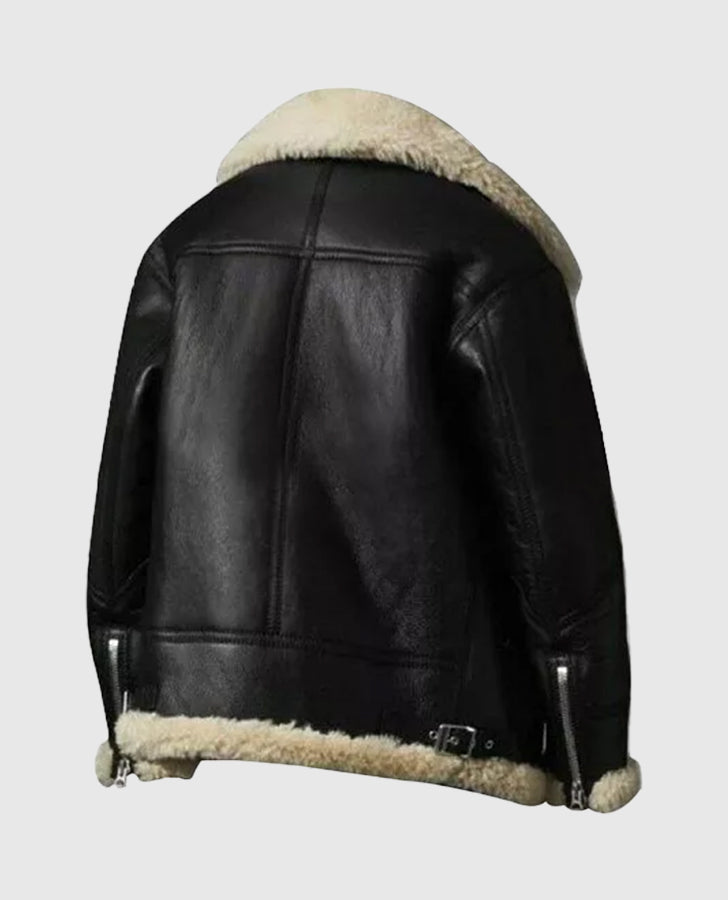 Women's Ivory Cream Aviator Shearling Leather Jacket - back view
