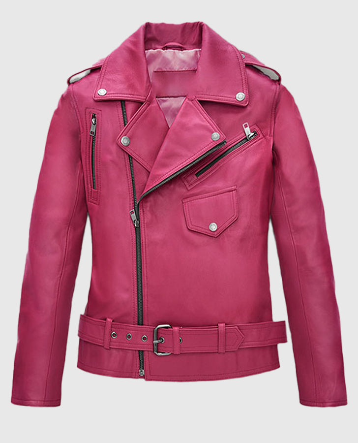Jessica Alba Pink Leather Biker Jacket for Women – Custom Fit - back view