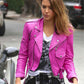 Jessica Alba Pink Leather Biker Jacket for Women – Custom Fit - front view