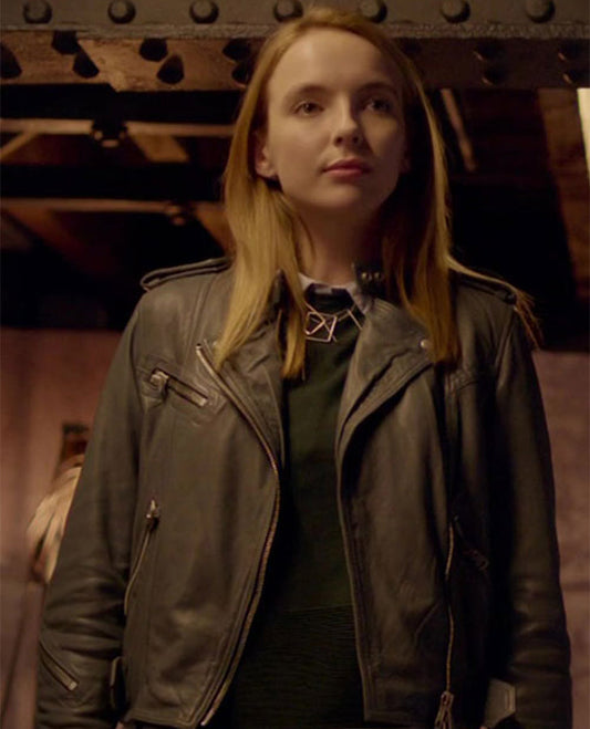Jodie Comer Doctor Foster Black Leather Biker Jacket for Women - front view