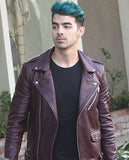 Joe Jonas Maroon Biker Leather Jacket for Men – Premium Outerwear - front view