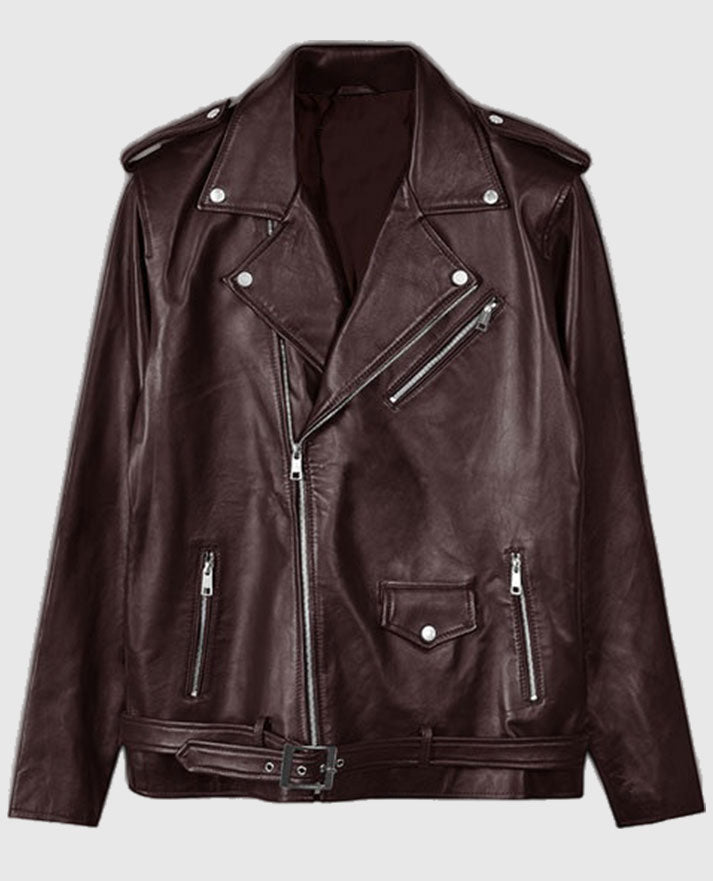 Joe Jonas Maroon Biker Leather Jacket for Men – Premium Outerwear - back view