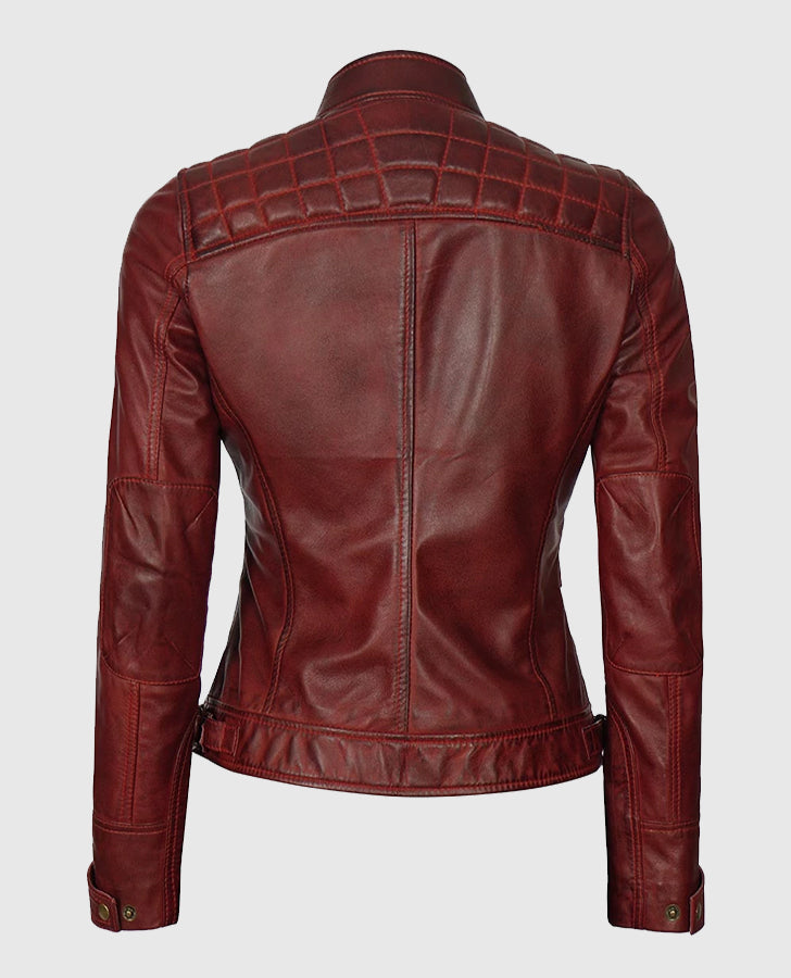 Johnson Women's Maroon Quilted Cafe Racer Leather Jacket - back view