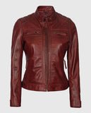 Johnson Women's Maroon Quilted Cafe Racer Leather Jacket - front view