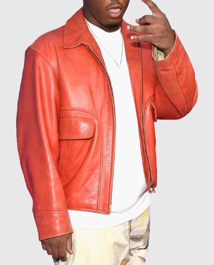 Juice Wrld Orange Leather Jacket for Men | Genuine Leather - front view