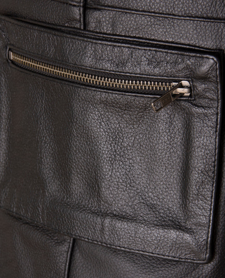 Multi-Pocket Leather Waistcoat for Biking Black Jacket for Men - collar and zip close-up