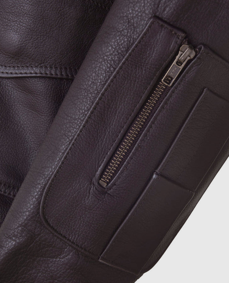 Sigourney Weaver Alien Ellen Ripley Brown Bomber Leather Jacket - collar and zip close-up