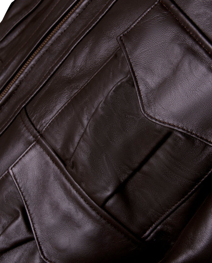 Men's Casino Royale Style Brown Leather Jacket – Custom Fit - collar and zip close-up