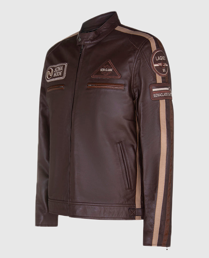 Men's Sizma Brown Cafe Racer Style Leather Jacket | Genuine Leather - side angle view