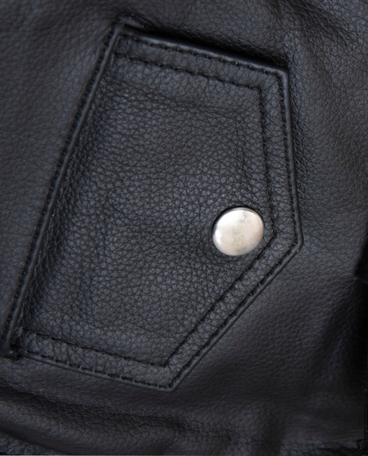 Men's Black Leather Brando Jacket for Bikers – Custom Fit - collar and zip close-up