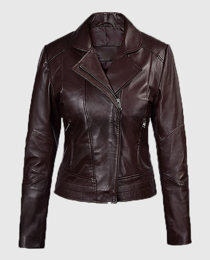 Katie Holmes Maroon Leather Biker Jacket for Women - back view