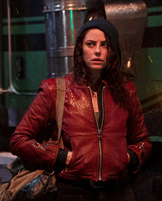 Kaya Scodelario Resident Evil Red Leather Jacket for Women - front view