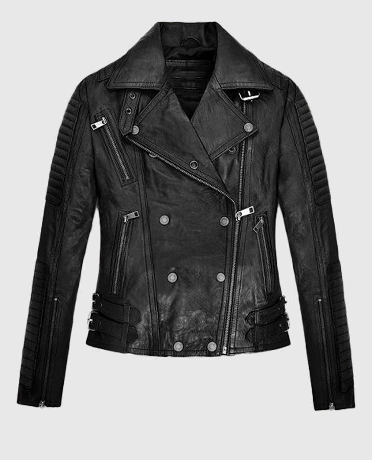 Keira Knightley Domino Black Leather Biker Jacket for Women - back view