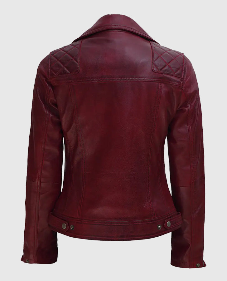 Kimberley Quilted Leather Motorcycle Maroon Jacket for Women - back view