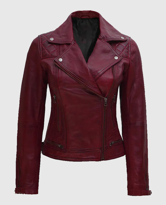 Kimberley Quilted Leather Motorcycle Maroon Jacket for Women - front view