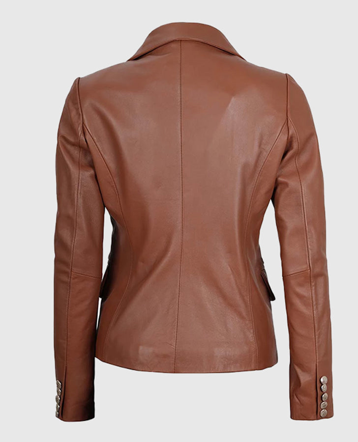 Kinley Women's Double Breasted Brown Leather Blazer Jacket - back view