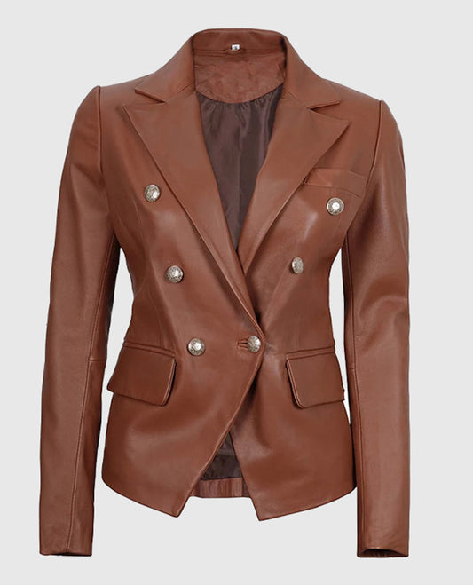 Kinley Women's Double Breasted Brown Leather Blazer Jacket - front view