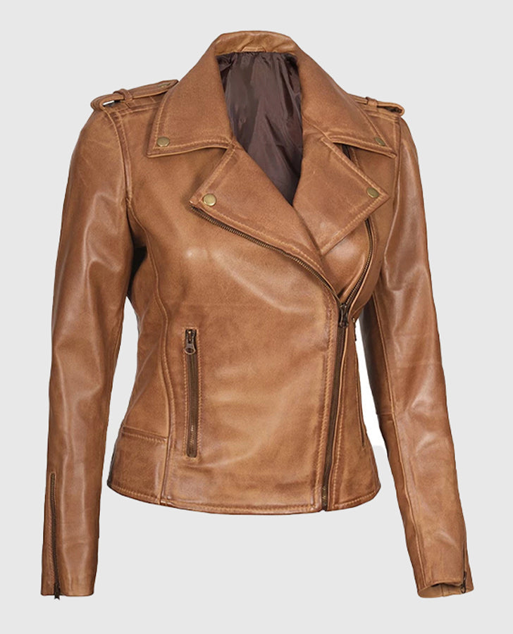 Kirsten Women's Asymmetrical Camel Brown Real Tan Leather Biker Jacket - front view