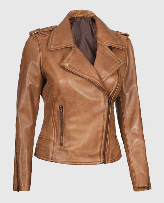 Kirsten Women's Asymmetrical Camel Brown Real Tan Leather Biker Jacket - front view