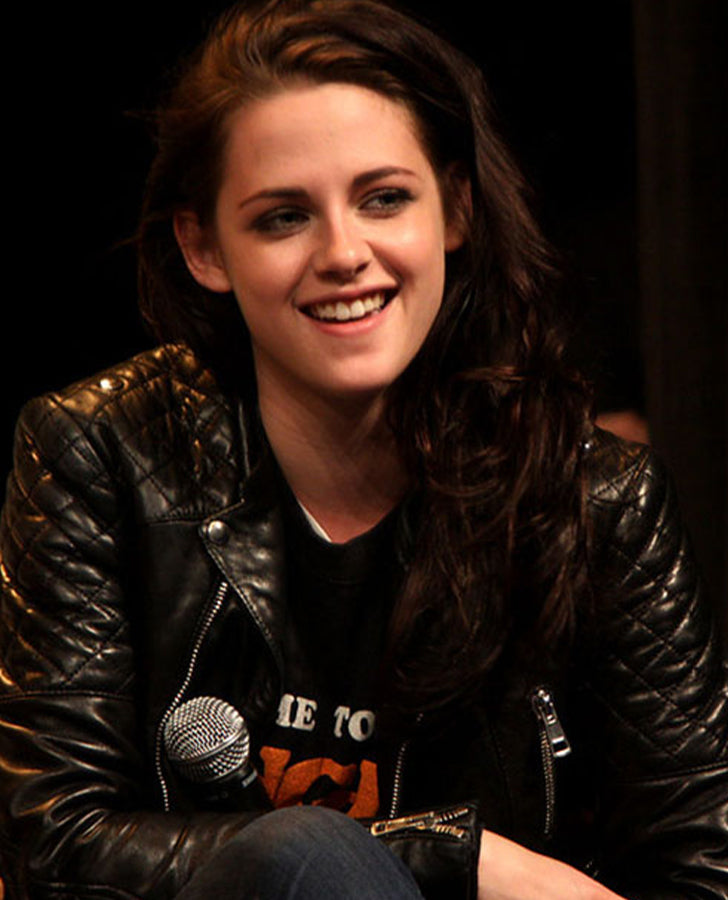 Kristen Stewart Black Leather Biker Jacket for Women - front view