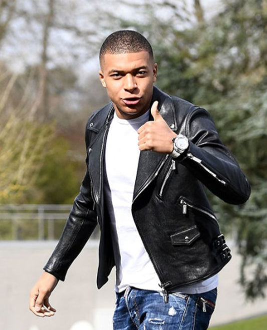 Kylian Mbappe Black Biker Leather Jacket for Men – Custom Fit - front view