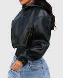 Kylie Jenner Black Leather Hooded Jacket for Women - front view