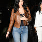 Kylie Jenner Brown Leather Biker Jacket for Women – Custom Fit - front view