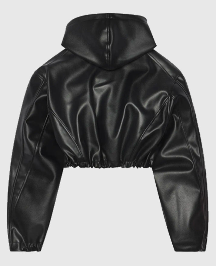 Kylie Jenner Black Leather Hooded Jacket for Women - side angle view