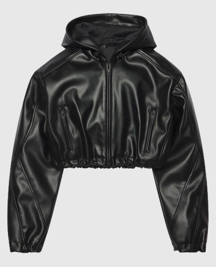 Kylie Jenner Black Leather Hooded Jacket for Women - back view