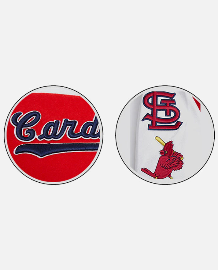 MLB ST. Louis Cardinals Men's Red Varsity Leather Jacket - model wearing the jacket