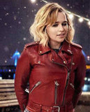 Last Christmas Emilia Clarke Red Leather Biker Jacket for Women - front view