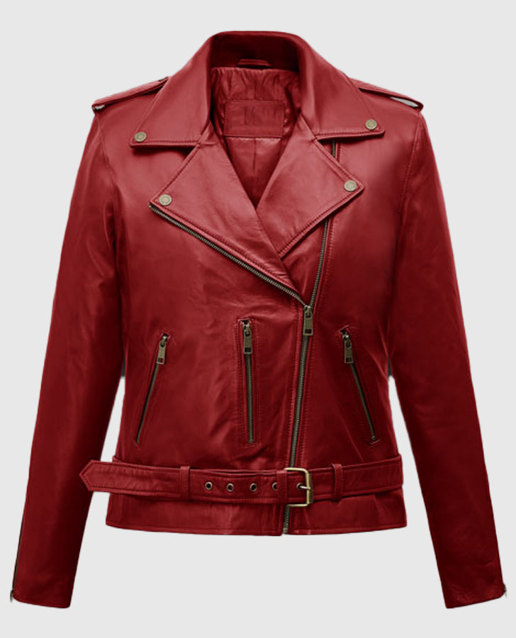Last Christmas Emilia Clarke Red Leather Biker Jacket for Women - back view
