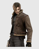 Leon Kennedy Resident Evil 4 Brown Shearling Leather Jacket for Men - front view