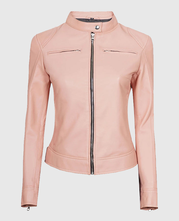 Women's Cafe Racer Light Pink Leather Jacket – Premium Outerwear - front view
